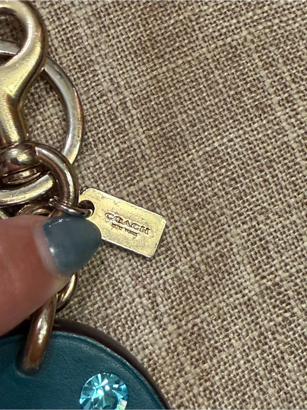 Coach EUC Teal Leather Horseshoe Key Fob with Crystal Accents ~ Collectible